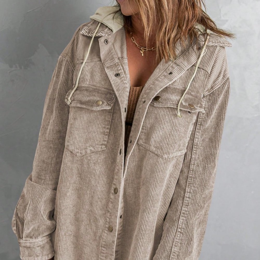 Khaki Casual Womens Pocket Drop Shoulder Raw Hem Drawstring Hooded Corduroy Coat - Picture 3 of 7
